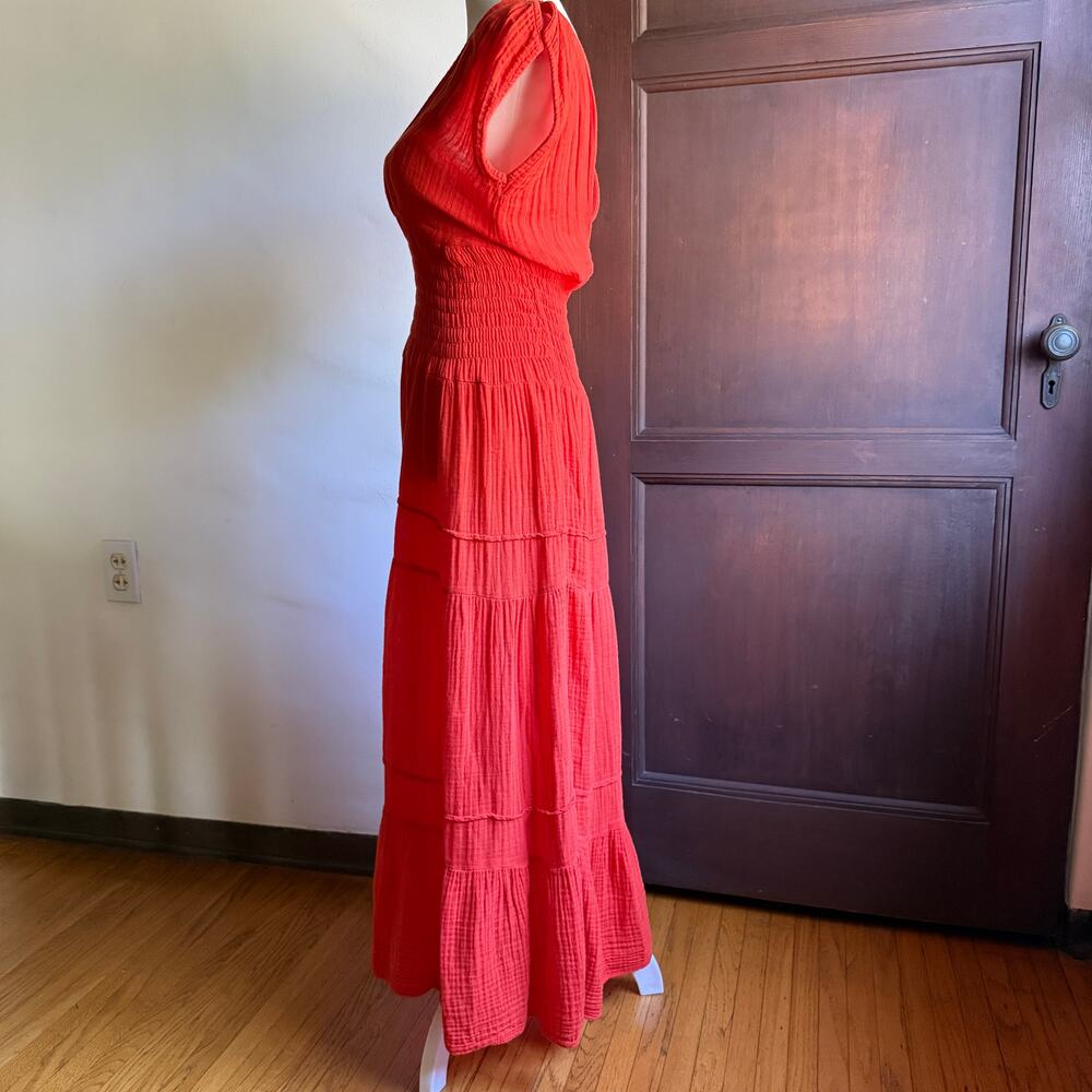 FELICITÉ Red Orange Gauze Smocked Tiered Midi Length Cap Sleeve Dress XS - Picture 3 of 7